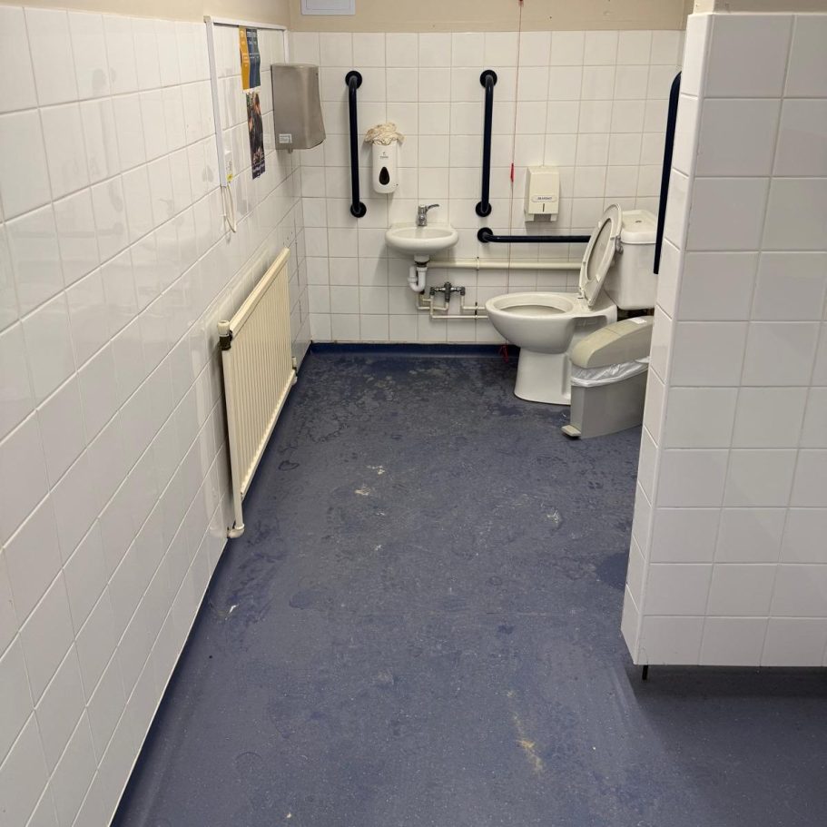 Commercial Deep Cleaning – Before Photo | toilet Clean restroom with a white tiled wall, toilet, sink, and grab rails.